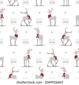 Christmas pattern with reindeers. Cute deers with antlers and scarves. Winter print. New Year seamless background. Vector illustration in flat cartoon style.