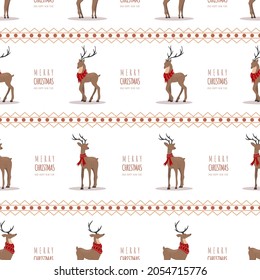 Christmas pattern with reindeers. Cute deers with antlers and scarves. Winter print. New Year seamless background. Vector illustration in flat cartoon style.