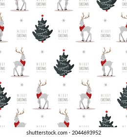 Christmas pattern with reindeers and trees. Cute deers with antlers and scarves. Winter print. New Year seamless background. Vector illustration in flat cartoon style.