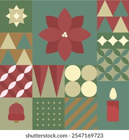 Christmas Pattern In Retro Scandinavian Style Green Yellow Red Flower Star Candle Bell Christmas Tree Vector Design