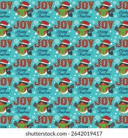 Christmas pattern with robin bird and joy