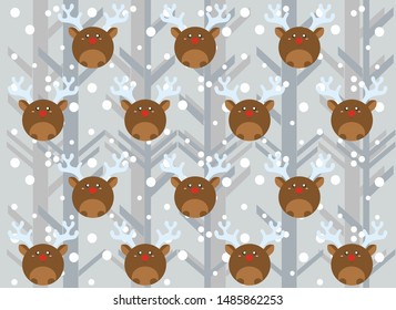 Christmas pattern with round cartoon deer on a gray snowy background