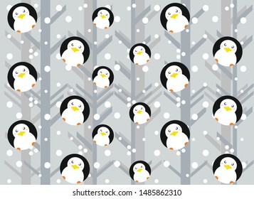 Christmas pattern with round cartoon penguins on a gray snowy background