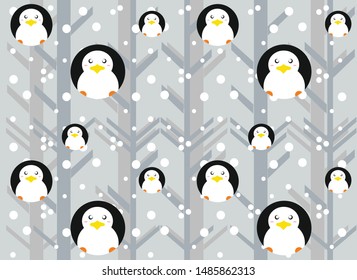 Christmas pattern with round cartoon penguins on a gray snowy background