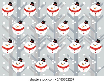Christmas pattern with round cartoon snowman on gray snowy background