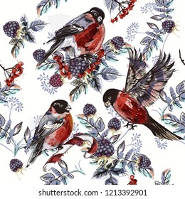 Christmas pattern with rowan, berries and birds