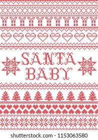 Christmas pattern Santa baby carol vector seamless pattern inspired by Nordic culture festive winter in cross stitch with heart, snowflake, snow, Christmas ornaments, gift in red and white
