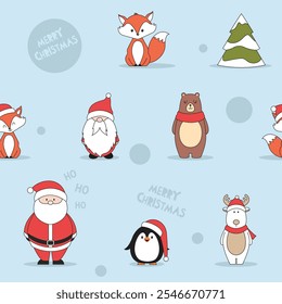 Christmas pattern with Santa Claus, brown bear, red foxes, penguin, gnome and reindeer. Vector illustration in cartoon style. Seamless Christmas pattern on light blue background.