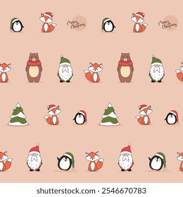 Christmas pattern with Santa Claus, brown bear, red foxes, penguin, and gnome. Vector illustration in cartoon style. Seamless Christmas pattern on light pink background.