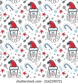 Christmas pattern with Santa Claus, candy, snowflakes and festive elements
