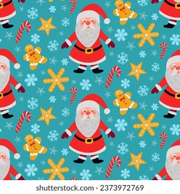 Christmas pattern with Santa Claus character and holiday sweets. Flat cartoon character, gingerbread men and snowflakes on blue background. Holiday design for for decoration, wrapping, banner