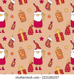 Christmas pattern with Santa Claus, gift box, stocking and stars. Groovy vector seamless illustration in trendy retro 1970 flat cartoon style.