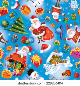 Christmas pattern with Santa Claus, gifts, Christmas balls and tree. 