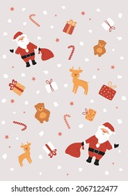 Christmas pattern with Santa Claus holding red bag and waving, cute reindeer and bear cub, gift boxes, candies, stars and abstract snow on gray, silver background. Vertical backdrop for letter, banner