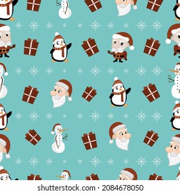 Christmas pattern with Santa Claus, penguins, snowman, snowflakes, candy cane, presents 