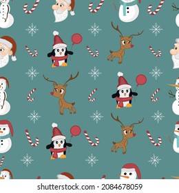 Christmas pattern with Santa Claus, penguins, snowman, snowflakes, candy cane, presents 