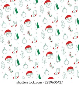 Patrón navideño con Santa claus, pino, campanas y elementos caramelos ilustración vectorial