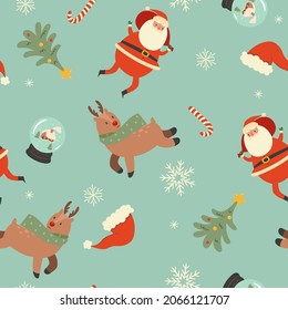 Christmas Pattern with Santa Claus, reindeer, sweets, snow balls, snowflakes, Christmas trees, hats. Vector graphics.