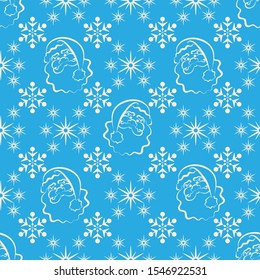 Christmas pattern with a Santa Claus, snowflakes on a blue background for the design of your winter holiday. Vector.