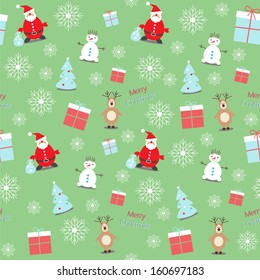 Christmas pattern. Santa Claus, snowman, deer, gifts and snowflakes on a green background.