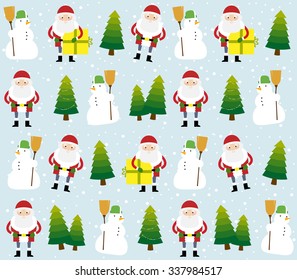 Christmas pattern with Santa Claus, snowman and Christmas trees on the blue background with the snowflakes.