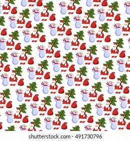 Christmas pattern with Santa Claus, snowman and tree.