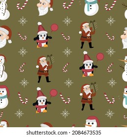 Christmas pattern with  Santa Claus, snowmen, snowman, penguin, present, Christmas tree