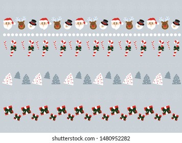christmas pattern with santa claus, christmas tree, gifts, candy and snowflakes on a gray background