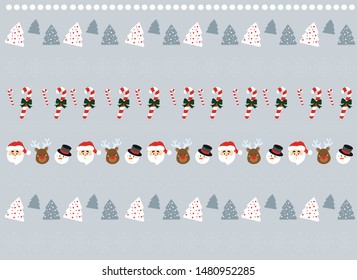 christmas pattern with santa claus, christmas tree, gifts, candy and snowflakes on a gray background