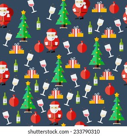 Christmas pattern with Santa Claus, Christmas tree, gifts, wine and cups