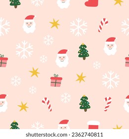 Christmas pattern with Santa Claus, Christmas tree, star, candy cane, gift, snowflake vector illustration. Christmas seamless pattern and texture background design. Repeat pattern and decoration.