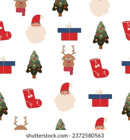 Patrón de Navidad. Papá Noel, árbol de Navidad con bolas de Navidad, ciervo de Navidad, regalo