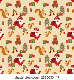 Christmas pattern with Santa Claus, Christmas tree,  christmas balls, bear, squirrel, Christmas gifts. Vector. Red, green, orange. Trendy design for wall decor, postcard, cover, packaging, t shirt 