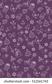 Christmas pattern: Santa Claus, tree, snowman, Christmas deer, gifts, bow, candle holders