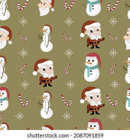 Christmas pattern with Santa Clauses and with snowflakes with snowmen, candy canes perfect for Christmas decoration