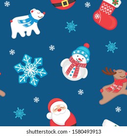 CHRISTMAS PATTERN WITH SANTA. DEER. BEAR, STOCKING. SNOWFLAKE ON THE DARK BLUE BACKGROUND