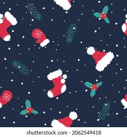 Christmas pattern. Santa Hat, Glove and Boots. For fabric, wrapping paper and other decoration. Vector illustration