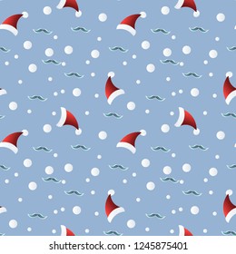Christmas pattern, Santa hat, mustache and snow,