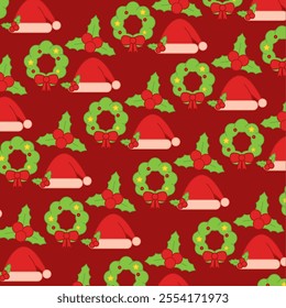 Christmas pattern with Santa hats and holly Vector
