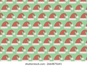 Christmas pattern of Santa hats on a green background