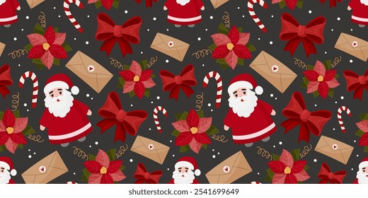 Christmas pattern with Santa, poinsettia, candy cane, red bow and love letter. Design for greeting cards, banner, background, social media