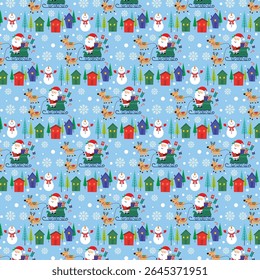 Padrão de Natal com Papai Noel, trenó, rena e boneco de neve