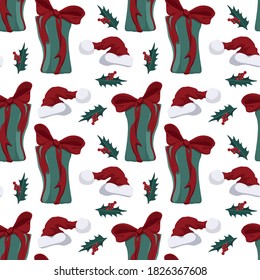 Patrón navideño con sombrero y regalos de santa e ilustración vectorial de hojas huecas