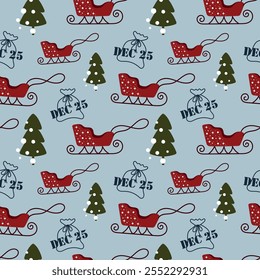 Christmas pattern. Santa's sleigh, Christmas trees and gift bags. Background, wrapping paper. New year and winter, Christmas holidays and gifts.