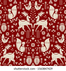 Christmas pattern with Scandinavian Folk inspired motifs on red background in a reflected scallop repeat. Scandinavian Folk Christmas with forest animals.