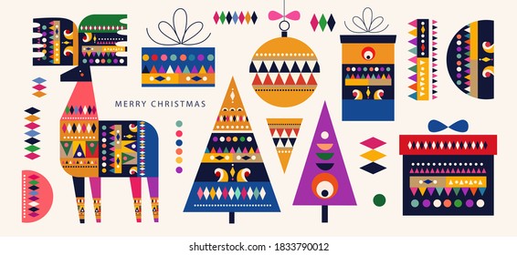 Christmas pattern in Scandinavian folk style with deer, Christmas trees and gift boxes