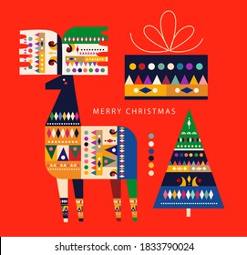 Christmas pattern in Scandinavian folk style with deer, Christmas trees and gift boxes
