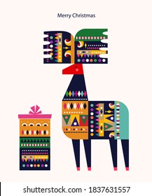 Christmas pattern in Scandinavian folk style with deer, Christmas trees and gift boxes