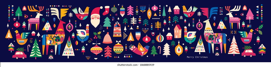 Christmas Pattern In Scandinavian Folk Style With Deer, Christmas Tree, Bird