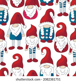 Christmas pattern with scandinavian gnomes in hand draw style